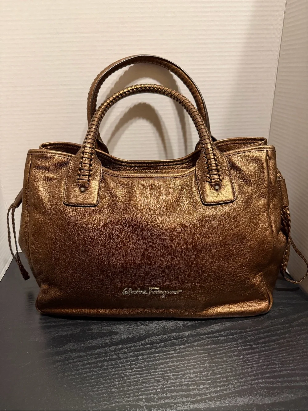 Salvatore Ferragamo Metallic Bronze Leather Satchel